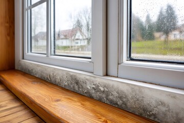 Fototapeta premium Black mold growing on window frame from dampness