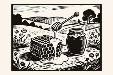 Honeycomb dripping honey beside a jar in a floral rural field, woodcut style on light background, concept of natural organic beekeeping