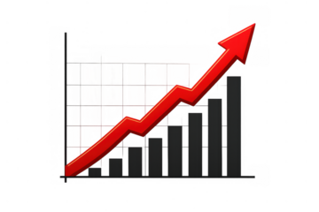 Red arrow moving up, showing financial chart progression and growing business market statistics on transparent background