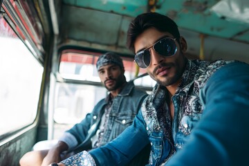 Two young men ride together in an old vehicle with retro fashion