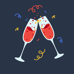 Two glasses of sparkling wine clinked. There was streamers and confetti all around. Flat .
