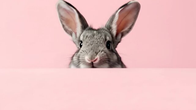 Cute easter bunny peeking up from bottom of frame, reveal concept for holiday greetings.