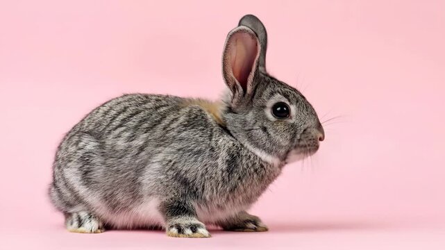 Gray rabbit in different poses on pink background. Cute animal for easter and pet concepts.