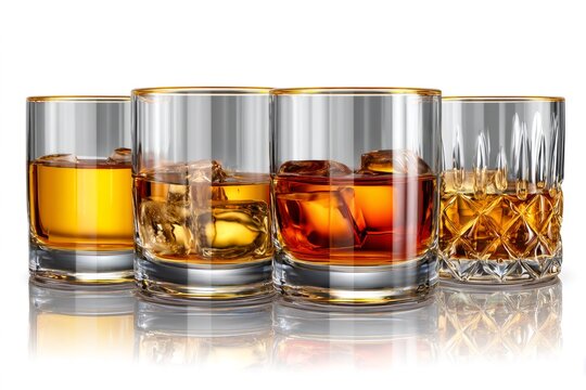 Whiskey glasses lined up with ice cubes