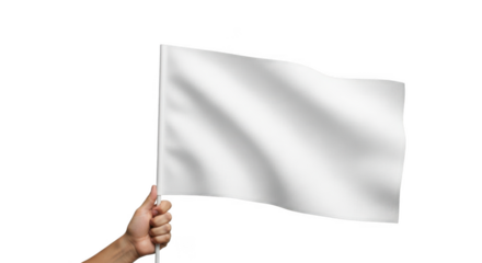 Hand holding white waving flag on transparent background