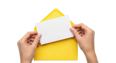 hands holding blank white card inserting into bright yellow envelope isolated on transparent background