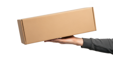 Human hand holding brown cardboard box, delivery package or moving container isolated on transparent background