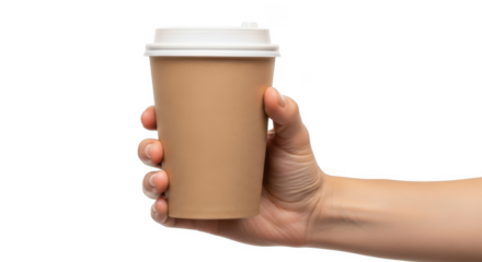Human hand holding brown disposable paper cup with white lid, takeaway hot drink container against transparent background