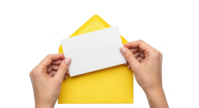 hands holding blank white card inserting into bright yellow envelope isolated on transparent background - Powered by Adobe