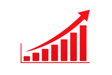 Red bar graph showing financial growth and business success with an upward trend arrow on transparent background
