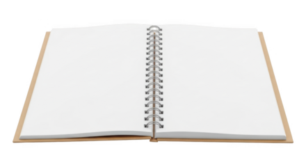Open blank spiral bound notebook with white pages and brown cover for mock-up on transparent background