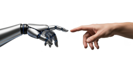 robot hand touching human finger, connection concept, digital and human interaction on transparent