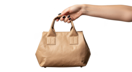 Small brown paper bag held by a hand isolated on transparent background blank template for shopping mockup