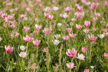 Obraz premium Delicate cosmos flowers in a sunlit meadow create a peaceful atmosphere