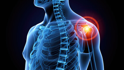 Anatomical illustration of a human torso highlighting the shoulder joint with a glowing red indication of pain