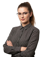 Confident young woman with glasses isolated on transparent background