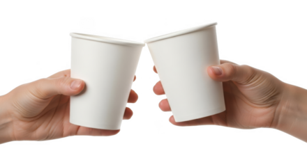 Two hands holding white paper cups in a celebratory toast on transparent background for beverage and cheer
