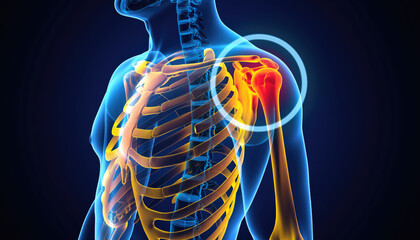 Anatomical illustration of a human torso highlighting the shoulder joint with emphasis on the surrounding muscles and nerves
