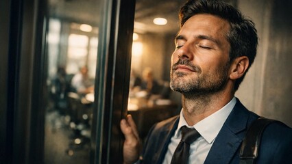 Businessman in suit practicing mindfulness with eyes closed by a glass door, calm break from work stress.