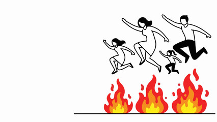 Minimalist family escape, parents, children jump over flames. Four individuals leaping above red fire, depicting danger, protection, resilience. Vital family escape asset for safety campaigns,