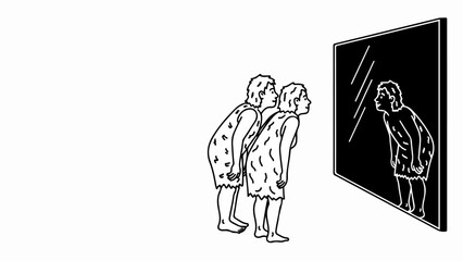 Primitive human reflection shows early ancestors observing their image, a historical moment of self recognition and discovery. Early humans contemplating appearance,