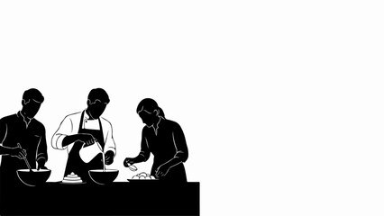 Three silhouettes of people cooking in kitchen environment, diverse group of individuals engaged in collaborative kitchen activity, mixing ingredients in bowls. Concept art for culinary classes,