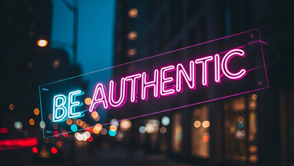 A neon sign with BE AUTHENTIC in pink and blue lights against a blurred urban background, great for motivational wall art, inspirational office decor, and modern self-empowerment themes.