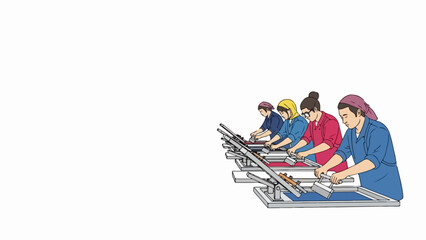 Focused women factory workers diligently performing assembly line tasks. Manual labor by women factory workers demonstrates precision and dedication in industrial setting.