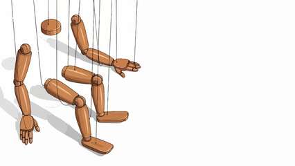 Disjointed wooden puppet parts suspended by strings against bright white background. Individual wooden puppet parts, like head, arms, legs, reveal intricate wood grain and shadows.