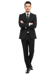 Confident businessman in black suit isolated on transparent background