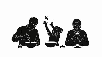 Sweet family baking illustration depicts adult stirring, child adding candy, and parent holding decorated cupcake. Shared home baking activity brings joy, creates lasting memories.