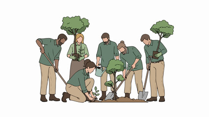 Tree planting group plants saplings, volunteers digging and placing new trees for environmental conservation. Dedicated tree planting group works for ecological restoration.