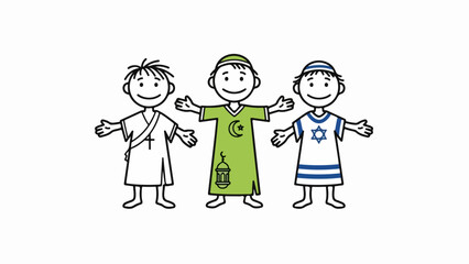 Religious children drawing portrays three smiling figures symbolizing diverse faiths. This religious children drawing illustrates Christian, Muslim, Jewish symbols, promoting interfaith unity,
