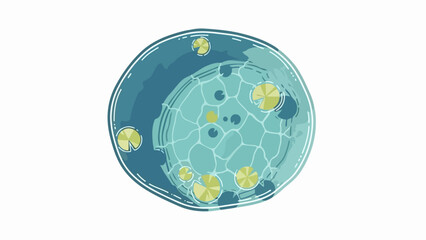 Serene pond illustration shows circular blue water surface with stylized yellow lily pads. Artistic pond illustration features abstract organic shapes and gentle hues.