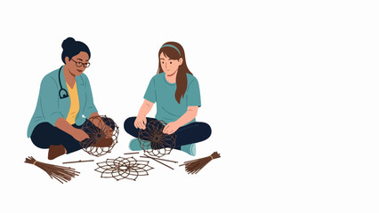 Therapy crafting session shows two women sitting on floor, weaving natural material objects. Engaging therapy crafting promotes fine motor skills, mindfulness,