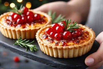 Serving individual savory tarts with red currants and rosemary