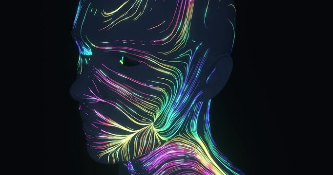 Seamless Loop Neon Data Streams Flowing Over Human Head, Futuristic AI Concept