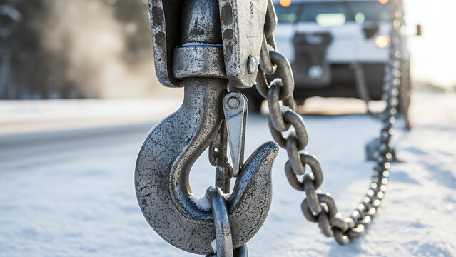 Metal hook and chain in snow on roadside with truck in background  