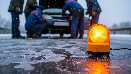Mechanics repairing car in snowy weather with warning light on road  