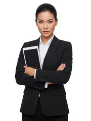 Confident businesswoman holding tablet isolated on transparent background