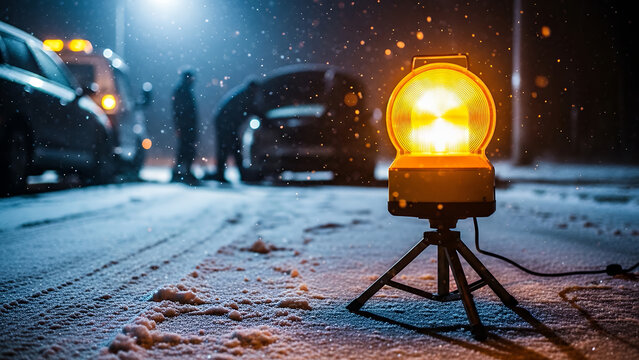 Yellow warning light on tripod illuminating snowy street at night  