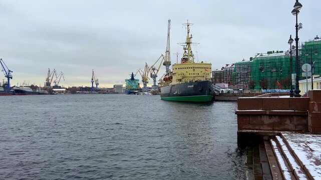 ST. PETERSBURG, RUSSIA - November 15, 2025: View of the old icebreaker Krasin on a frosty November day. Currently, the icebreaker, which was used in the polar regions, is a museum located on the Neva