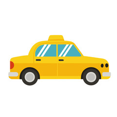 Cartoon yellow taxi car shown in side view, isolated on white background. Suitable for kids illustrations, posters, games and city themed projects. Vector illustration