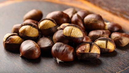Fototapeta premium Unpeeled Roasted Chestnuts Close Up On Table