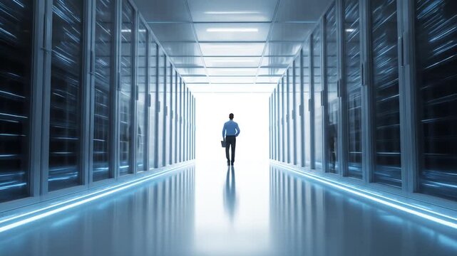 Person walks away into bright white light in a data center with rows of servers