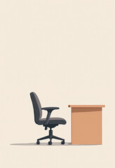 Minimal illustration of an office chair slightly pulled back from a desk, quiet paused moment suggesting departure, clean background with wide open space for farewell text