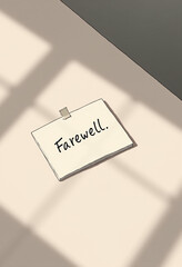Minimal illustration of a small handwritten note on a clean table surface softly lit by daylight, abstract unreadable text and open space for farewell messaging, personal yet universal goodbye mood
