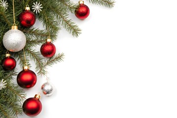 Fototapeta premium Elegant christmas decoration with red and silver ornaments on white background for copy space