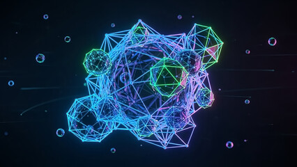 Abstract geometric network with glowing nodes in a vibrant blue and green color scheme.