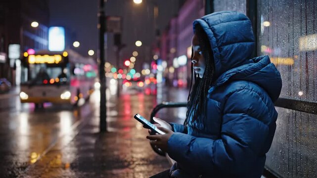 Raindrops dance on the ground while a person waits at a city bus stop. In a cozy jacket, they check their phone under colorful lights, lost in thought as the world glimmers around.